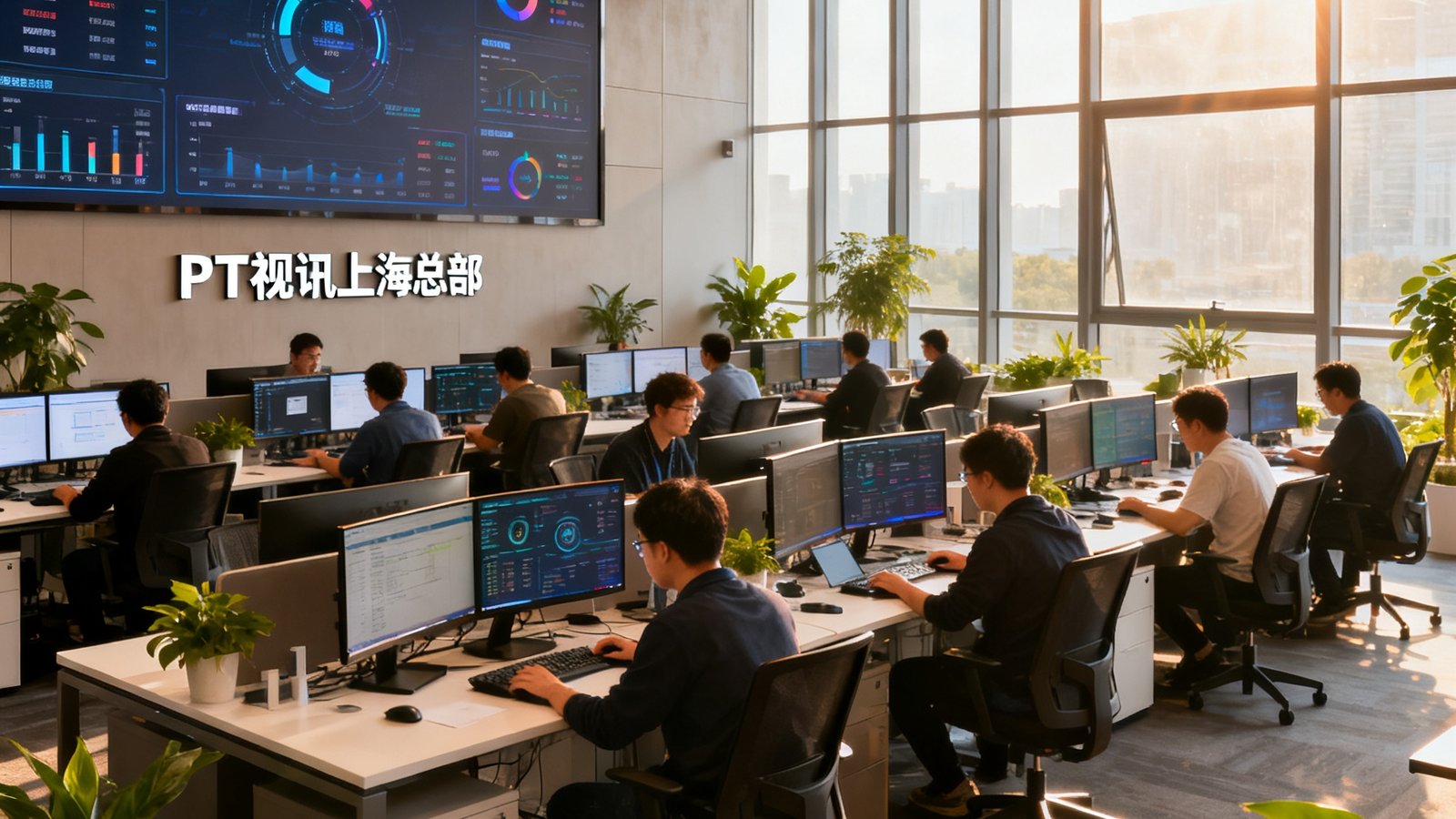 PT视讯上海总部开放式办公区全景，数十位工程师在双屏工作站前专注工作，墙上悬挂着实时数据大屏显示全国屏幕在线状态，阳光从落地窗倾洒进来，室内绿植点缀其间，充满科技公司的活力氛围。