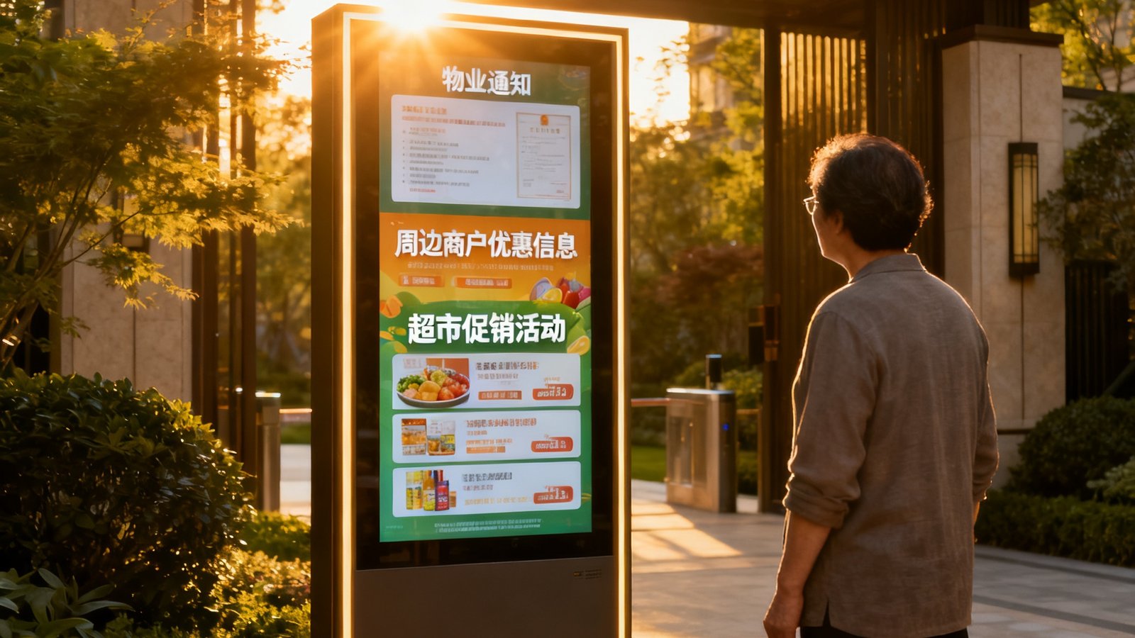 中高端住宅社区入口处的立式电子公告屏，屏幕上同时展示物业通知和周边商户优惠信息，夕阳余晖穿过绿植洒在屏幕边框上，一位居民正驻足查看屏幕上的超市促销活动。